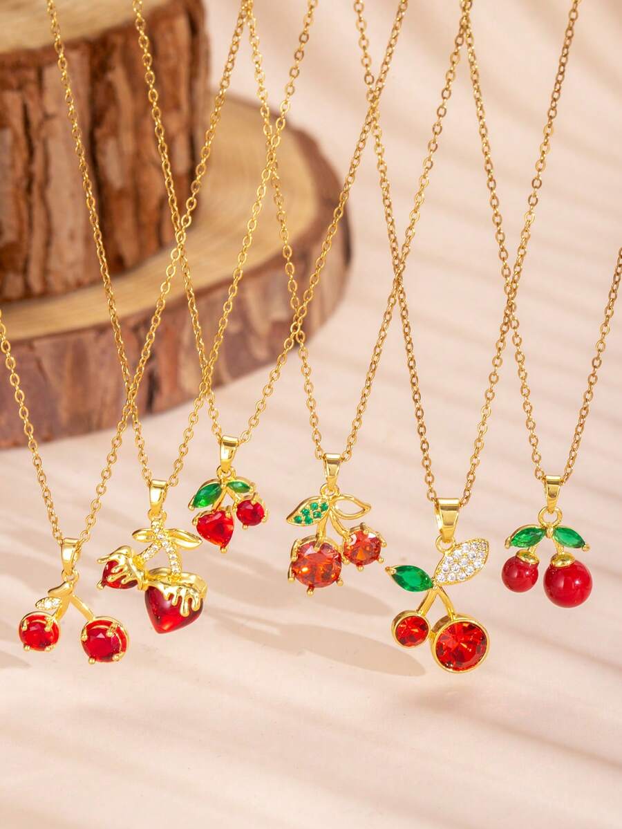 1 件时尚铜镶嵌锆石樱桃吊坠项链，适合女性日常佩戴、珠宝配饰、音乐节、生日礼物送给朋友