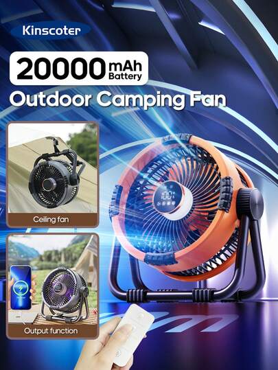 kinscoter 1 件可充电 20000mAh 六合一便携式露营台扇电动台扇降温海滩旅行配件户外空气冷却器空气循环器带挂钩和 LED 灯