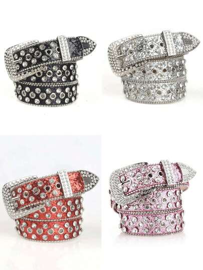 1pc Solid Color Punk Rock Hip Hop Street Style Crystal Studded Belt, Belt, High-End Leather Belt Fall, Autumn, Halloween Autumn-Winter Accessories,Suitable For Teens, Youth,Men,Casual, Outdoor, Athletic, Vacation, Graduation Gifts, Birthday, Daily Wear