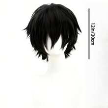 Peruka z krótkich włosów w kolorze czarnym, 30 cm, syntetyczna peruka z włókien wysokotemperaturowych dla mężczyzn, peruka na imprezę kostiumową - Czarne - Zobacz 3