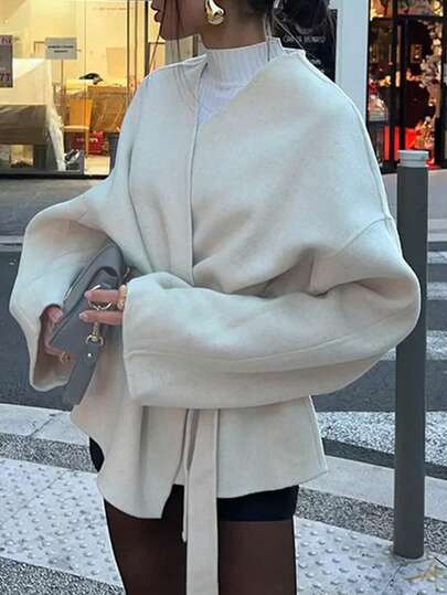 1pc Women's Solid Color Woven Fabric Knotted Waist Woolen Coat, Casual Autumn/Winter