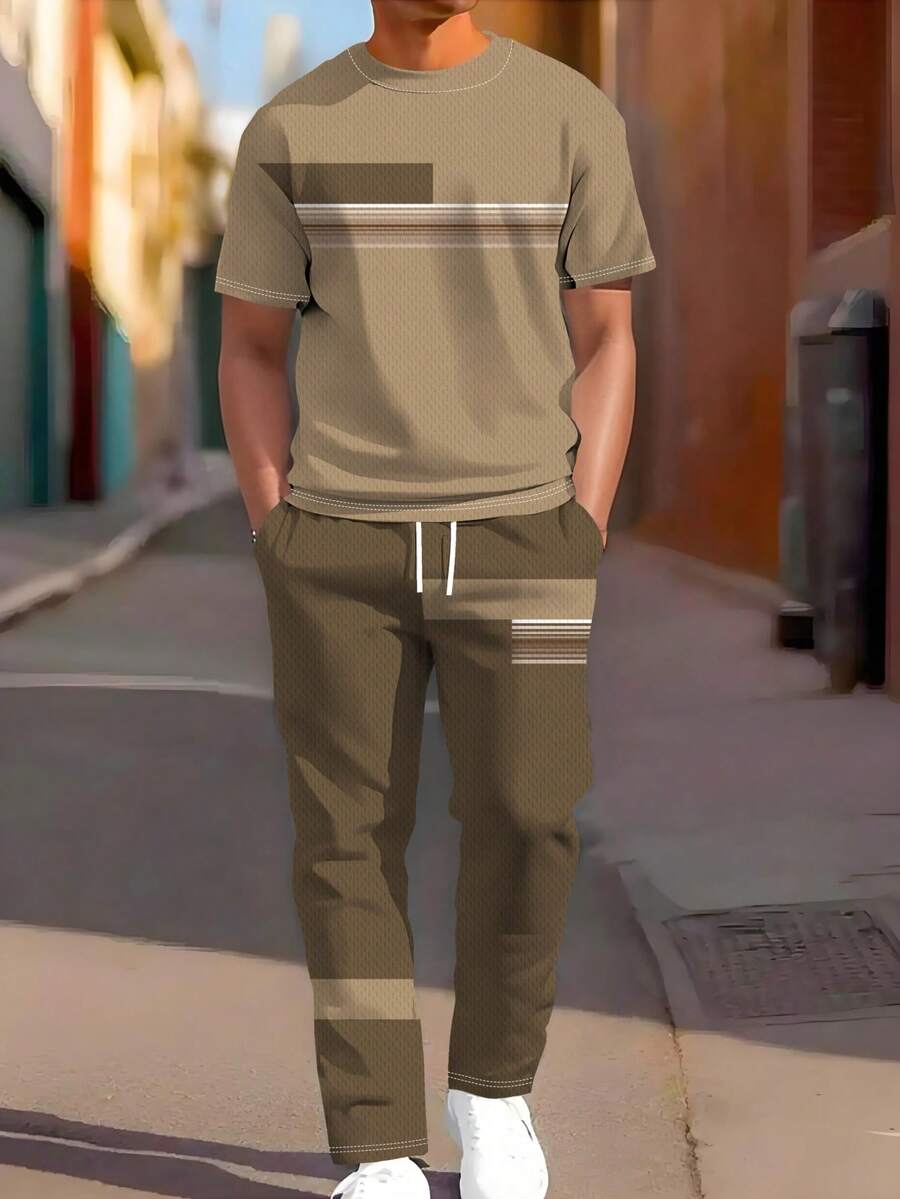 2pcs Men's Sports Outfit, Breathable & Comfortable, Premium Fabric Ultra Soft, Gradient Casual Crew Neck Short Sleeve Top And Jogger Pants Set, Popular Outfit - Khaki - View 1