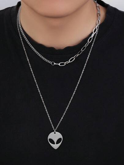2pcs/Set Stainless Steel Alien Pendant Necklace Set, Fashionable & Unique For Men