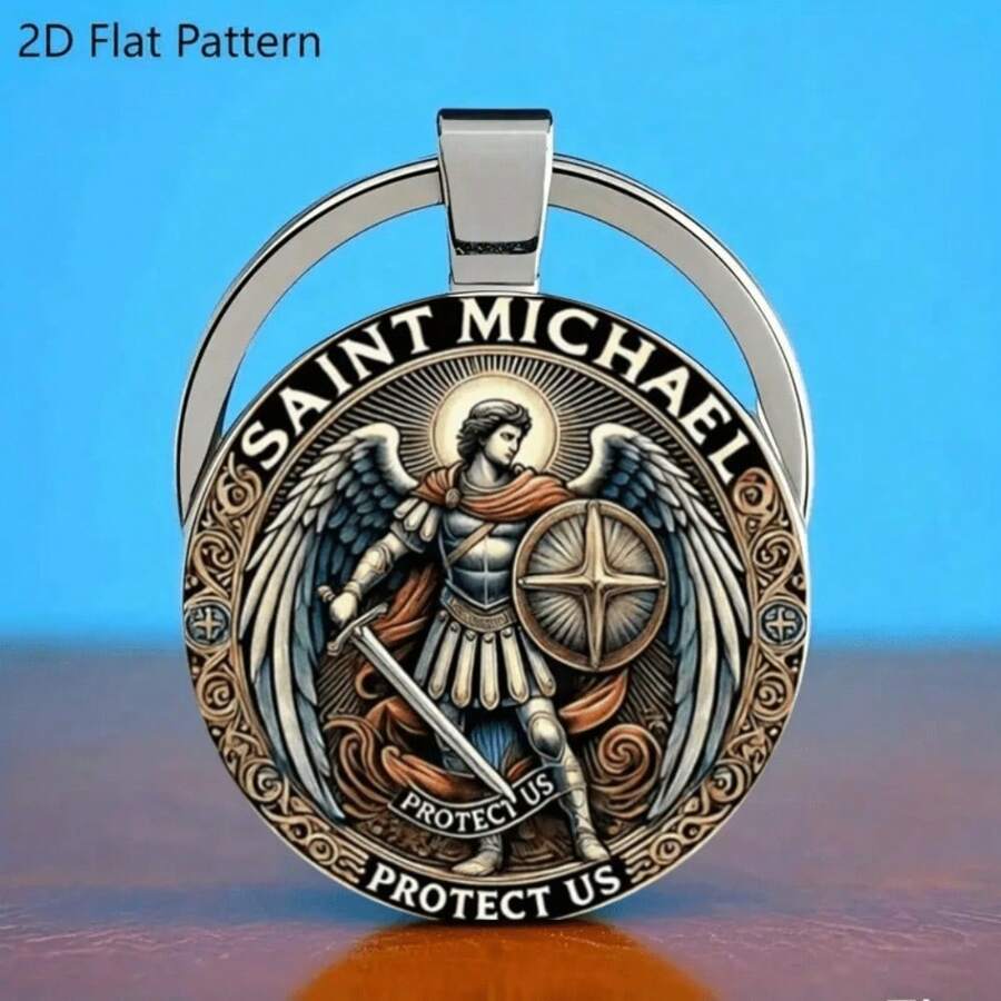 1/2 St. Michael's Defender Zinc Alloy Keychain - Exquisite 2D Combat Design With The Words "Protect Us" Engraved, Men's Durable Car Keychain, Fashionable Religious S For Easter, Father's Day, Birthdays, And Anniversaries, Faith Accessories, Fashionable Pendants, Polished Treatment, Amulets, Spiritual S Car Accessories Cute Goth Y2k Christmas Gift Ideas Bag Charms Car Teacher Friend Sister - Multicolor - View 1