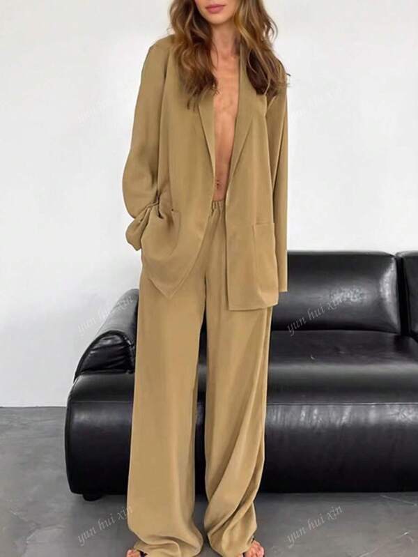 Conjunto de 2 piezas de chaqueta de manga larga y pantalones largos de unicolor minimalista elegante y casual retro, adecuado para el transporte diario