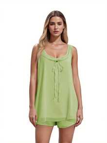 Women's Summer Shorts Outfit Loose Fit Stylish Solid U Neck Long Tank Tops And Low Rise Shorts 2 Pcs Set - Green - View 5