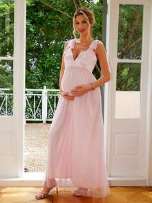 Joyfunear 孕妇装夏季简约V领系带肩网眼拼布连衣裙 - 粉色 - 查看 4