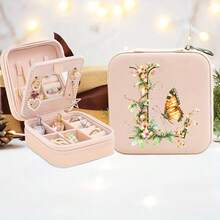 [花卉首饰盒] 1 件花卉首字母首饰收纳盒 | 紧凑型旅行盒，适用于戒指、项链、耳环 - 柔软天鹅绒衬里、耐用拉链、轻巧便携 - 非常适合珠宝整理和旅行，首饰盒旅行必需品旅行配件旅行包度假返校学校用品首饰盒 - 粉色 - 查看 15