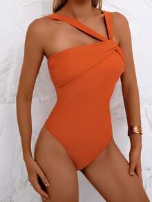 女士性感不对称领口无袖连体泳衣，优雅高弹针织面料，露背沙滩度假夏季装扮 - 珊瑚橙 - 查看 3
