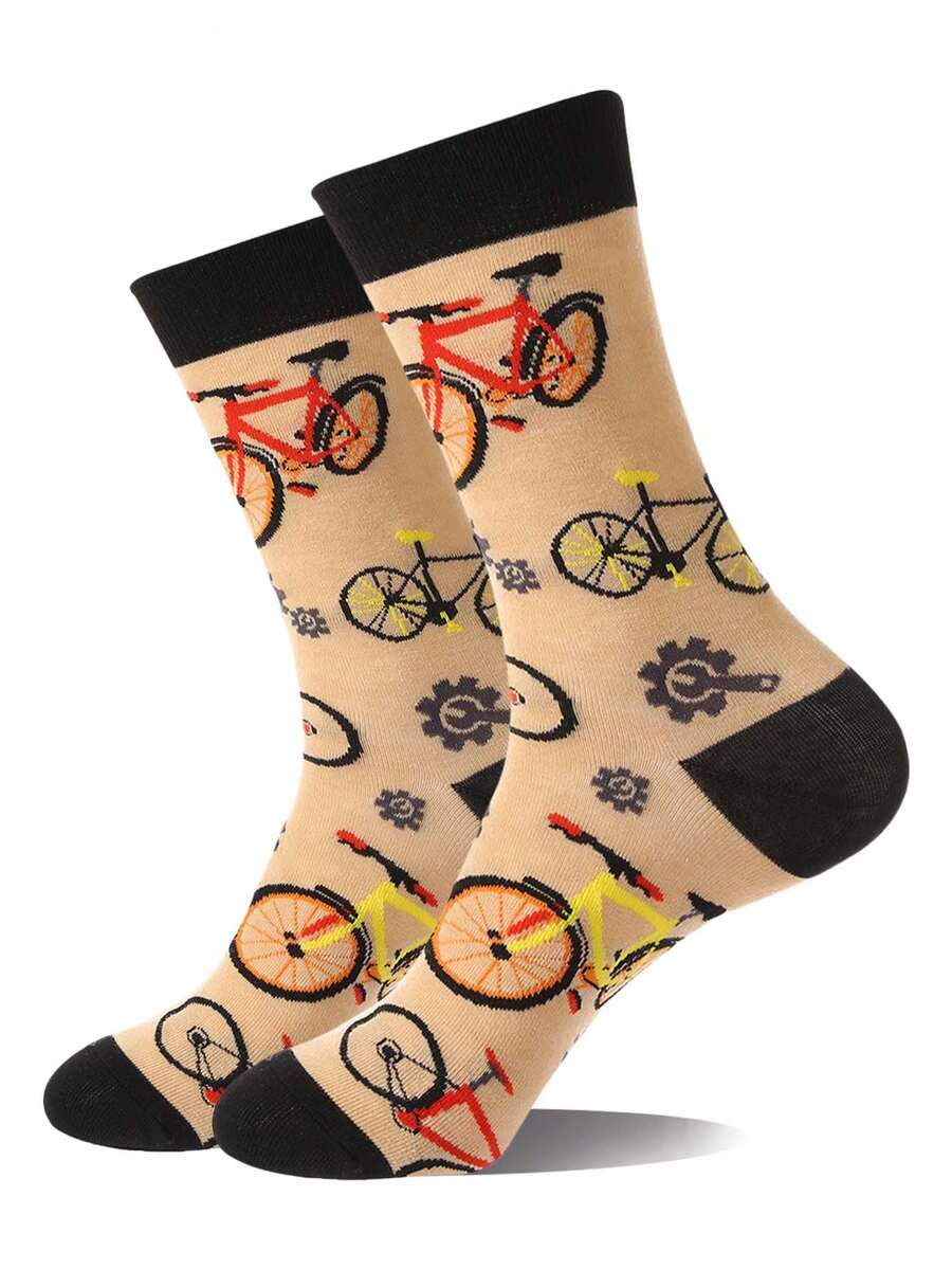 1双男士创意自行车图案袜子，时尚男女通用，舒适透气，个性化设计，送礼佳品，夏季必备 - 彩色 - 查看 1