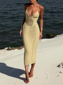 Abito smock da donna lavorato a maglia, con scollo a V profondo e design traforato, abito lungo da spiaggia da indossare in estate