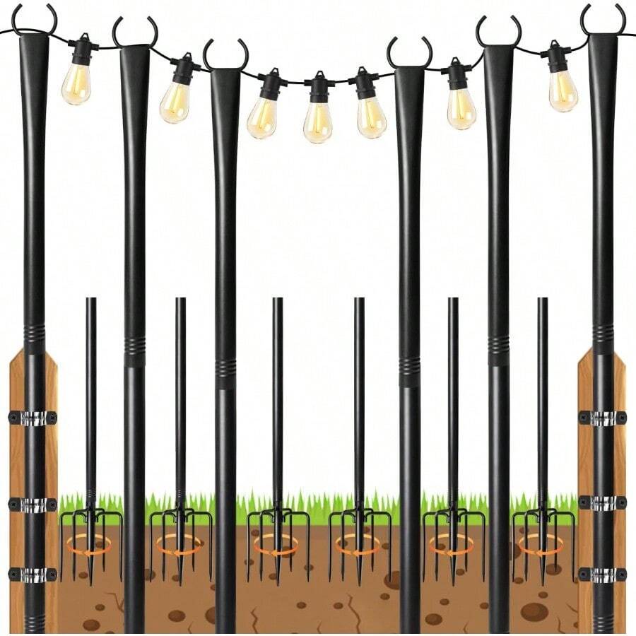 6 Pack String Light Poles For Outside 10ft HeavyDuty Metal Light Poles For Outdoor String Lights With Fork Adjustable Lighting Stand For Patio Decor Backyard Pergola Garden Deck Porch Decorations
