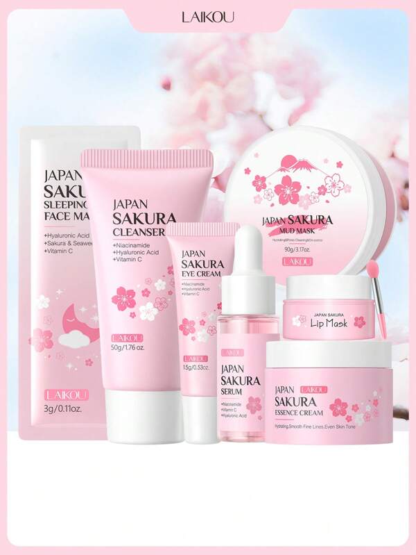 LAIKOU 1 Set de Cuidado de la Piel con Reparación de Humedad de Laikou Japón Sakura, que incluye (Mascarilla Facial de Noche de Sakura 3g, Limpiador de Sakura de Japón 50g, Suero de Sakura de Japón 17ml, Mascarilla Labial de Sakura de Japón 8g, Crema Esencia de Sakura de Japón 25g, Crema para Ojos de Sakura de Japón 15g y Máscara de Barro de Sakura de Japón 90g) - Regalo para la novia y maquillaje