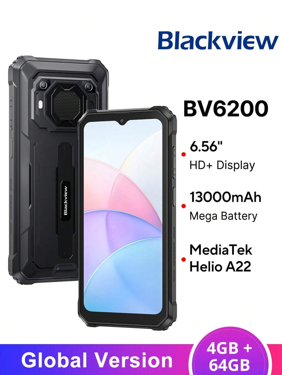 Blackview Blackview BV6200 4GB+64GB Ruggedized Cellphone Global Version 13000mAh Mega Battery Smart-K Box Speaker, Louder For Outdoor IP68 & IP69K 6.56-Inch Screen 8MP Front Camera 13MP Rear Camera Face Unlock Android 13