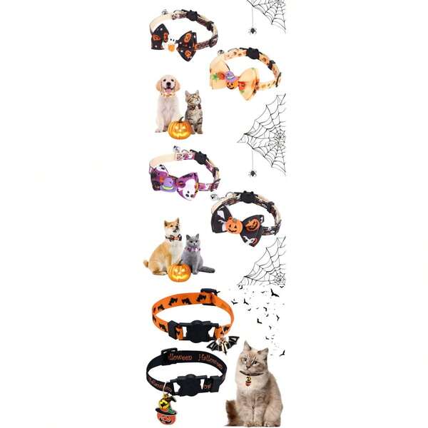 2 pezzi Collari per gatti di Ognissanti, collari per gatti con chiusura a sgancio rapido con campanellino e fiocco, collari per cani con papillon, collari morbidi regolabili a scomparsa con zucca per cani e gatti