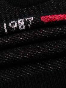 ANDREILEE Autumn/Winter Men's Street Style National Flag & English Letter Intarsia Pattern Design Casual Loose Knit Pullover Sweater, Round Neck, Dropped Shoulder, Long Sleeve - Black - View 5