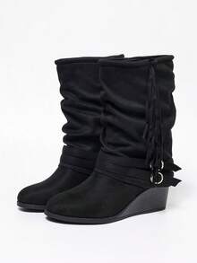 Black Pleated Fringe Double Strap Slip-On Wedge Heel Round Toe Comfortable Music Festival Vacation Versatile Mid-Calf Boots - Black - View 5
