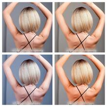 Peruka syntetyczna, krótka, prosta, 30,48 cm, z grzywką, w stylu bob w kolorze złotym – żywy kolor, lekka i modna, odpowiednia do cosplayu, codziennego noszenia i na imprezy - Ombre blond - Zobacz 7