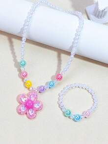 2 peças/Conjunto Colar Pingente de Flor Fofo e Conjunto de Pulseira de Contas, Adequado para Meninas Diariamente, Festivais, Festas e Presentes de Aniversário