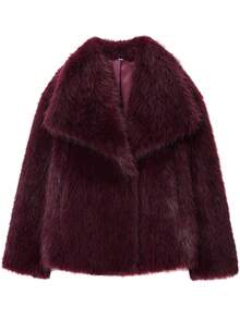 女士仿皮草外套，酒红色长袖大衣，秋冬款 - 紅色 - 查看 1