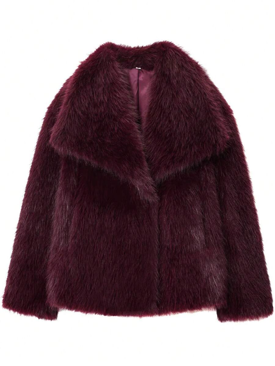 女士仿皮草外套，酒红色长袖大衣，秋冬款 - 紅色 - 查看 1