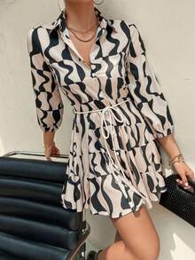 Elegante falda larga estampada estilo resort para mujer con cinturón y botones en la cintura delantera, casual, versátil y de moda, adecuada para el trabajo y la vida diaria. - Camel - Ver 5