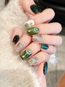 10Pcs Short Coffin Handmade Press On Nails For Party And Daily Wear,Green Nails,Pink. Short Nails,Shiny And Dazzling, Easy To Wear10Pcs Y2K Handmade Press On Nails,Shining Bright , Summer Nails,Suitable For Girls And Women Festivals Parties And Daily Wear Nail Supplies Nails