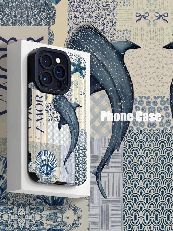 1pc Whale Shark Blue Patchwork Pattern Faux Leather Texture Classic Anti-Drop Soft Phone Case Compatible With Apple And 16/16PLUS/16PRO/16PROMAX Waterproof Shockproof Scratch Resistant