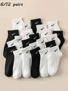 6 双/12 双男女通用黑白运动休闲中筒袜，时尚纯色百搭情侣袜，四季皆宜，秋季袜子 - 黑與白 - 查看 1