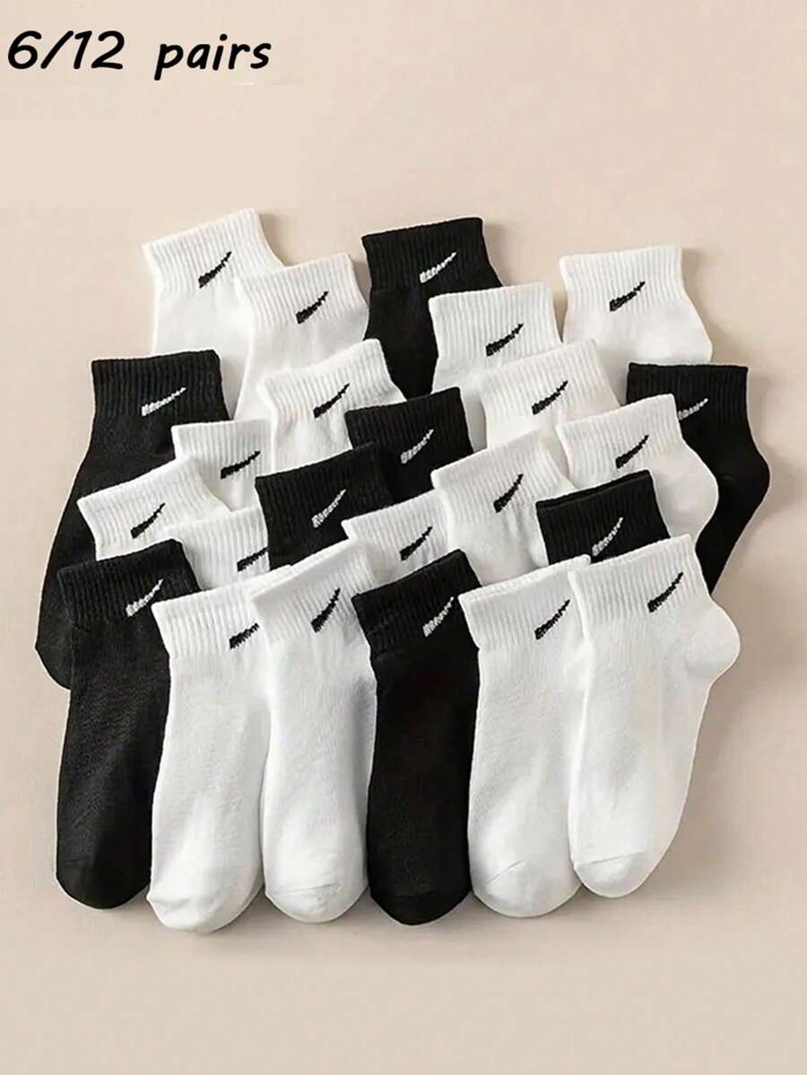 6 双/12 双男女通用黑白运动休闲中筒袜，时尚纯色百搭情侣袜，四季皆宜，秋季袜子 - 黑與白 - 查看 1