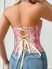 1pc Pink Textured Sheer Floral Lace Corset Hollowed Out Bustier Cute Crop Top For Daily Wear/Party/Wedding - 粉色 - 查看 6
