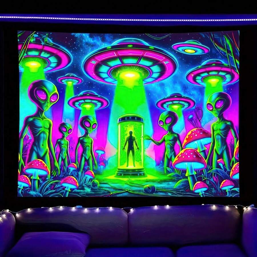 Alien Blacklight Tapestry UFO Black Light Hanging Backdrop Poster Wall Tapestry For Bedroom Decoration For Bedroom,Living Room,Dorm - Thảm treo tường Alien - Xem 1