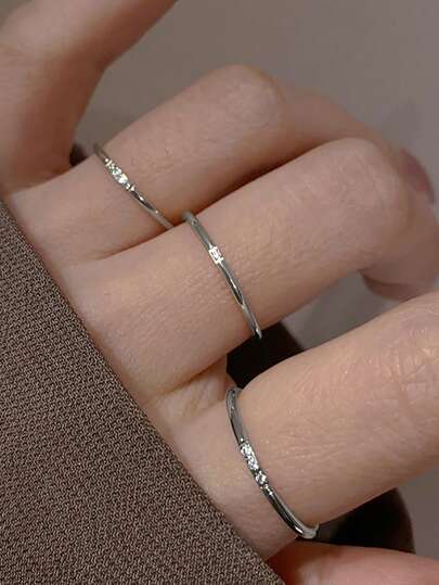 Fashionable Stainless Steel Silver Thin Band Cubic Zirconia Stackable Rings Set, Suitable For Women's Daily Wear, Gift