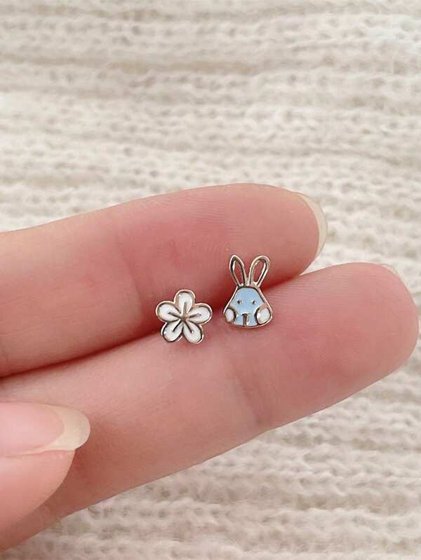 925 Sterling Silver Cute Rabbit & Flower Enamel Stud Earrings, Asymmetric Resin Earrings, Mini Delicate Design, Hypoallergenic, Suitable For Women & Students