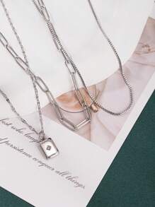 3pcs Set Elegant Fashion Gold Multi-Layer Pendant Necklace With Square Paper Clip Chain And Shiny Cubic Zirconia Rectangle Pendant Jewelry Set