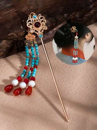 1pc Retro Red & Blue Beaded Hair Clip, Hanfu Hair Accessory, Tassel Bun Clip, Cheongsam Bridal Phoenix Crown Hairpin, Bun Extension, Hair Bun Maker, Bun Hair Piece, Hair Styling Pins, Pins For Hair, Bobby Pins