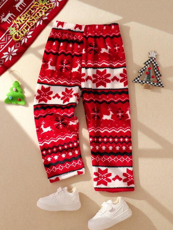 Pantalones de franela informales con estampado de ciervos y copos de nieve para niño pequeño, adecuados para primavera, otoño e invierno