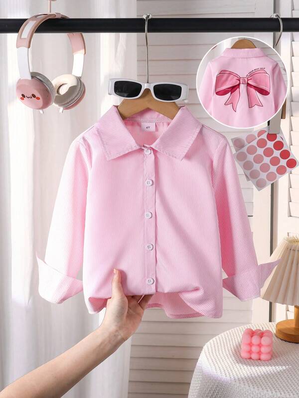 Camisa listrada de manga comprida para meninas, abotoamento simples, estampa de laço, peça única casual, adequada para passeios