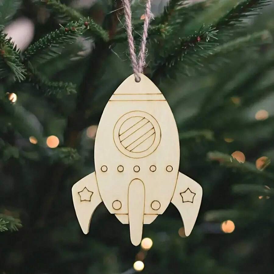 未完成的木质火箭形状切片，木质火箭工艺品，DIY绘画和涂鸦材料木片，节日家居装饰，悬挂装饰 - 彩色 - 查看 1