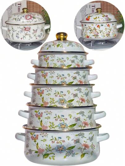 Olla de esmalte de 1.ª calidad, con doble asa y tapa, diseño de borde enchapado, disponible en 16/18/20/22/24 cm, adecuada para restaurantes y cocina en el hogar, excelente para reuniones familiares, fiestas festivas, campamentos y picnics de primavera/verano