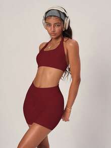 PinkTip Conjunto de camiseta ajustada sin espalda acanalada y shorts de ciclismo con puntas rosas, con soporte sin costuras moldeador, shorts de ciclismo de cintura alta para yoga y deportes casuales - Burdeos - Ver 8