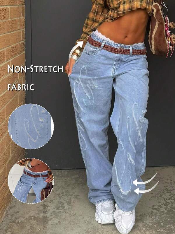 Y2k Clothes Women Low Rise Baggy Jeans Casual Vintage Grind To Pieces Washed Straight Streetwear 2000s Style Fall Clothes Outfits Vintage Clothes Going Out Outfits