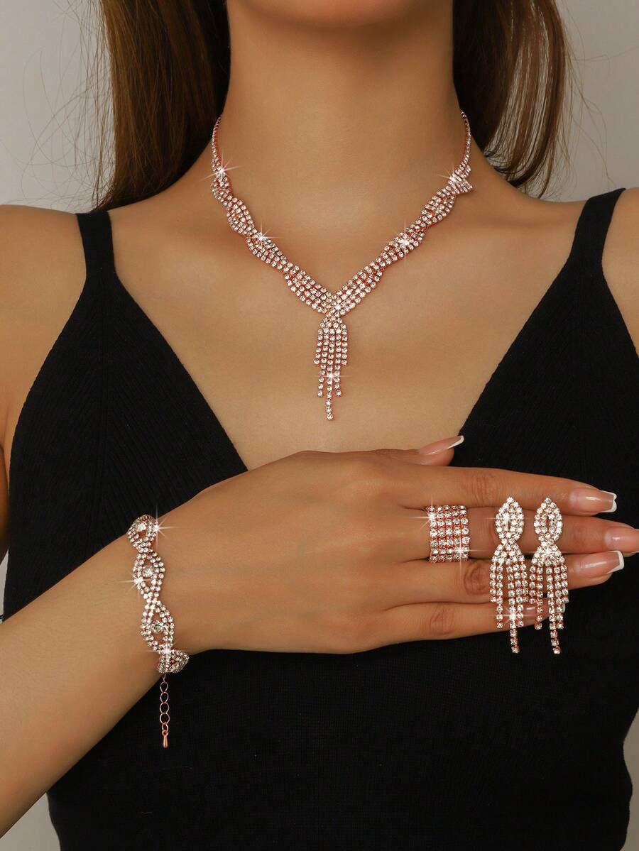 4 件女士优雅时尚简约百搭首饰套装 - 项链、手链、耳环，适合日常佩戴和其他场合