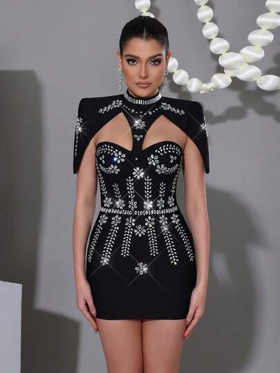 女士闪亮水钻拉链镂空性感派对礼服，适合舞会、舞台表演、晚间约会