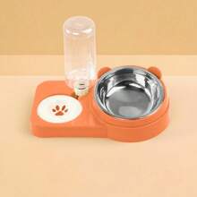 1pc Detachable & Washable Tilted Anti-Spill Anti-Wet Pet Bowl With Bear Ear Design, Large Capacity Dual Bowl With Automatic Water Dispenser, Stainless Steel