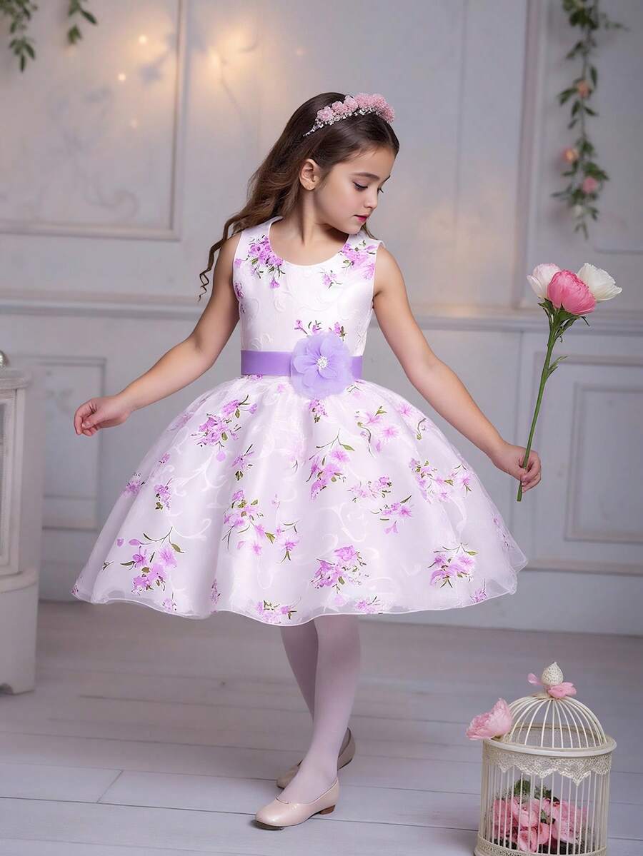 Young Girls Sleeveless Round Neck Floral Print Tulle Puff Dress, Elegant, Without Headband - 淡紫色 - 查看 1