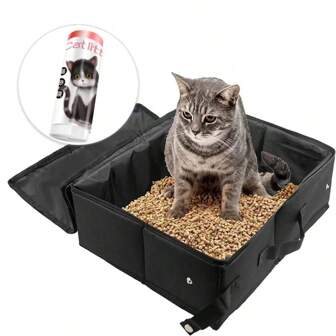 Portable Cat Travel Litter Box With Cat Litter Bags, Foldable Travel Litter Box With Zipped Lid, Waterproof, No Smell, Easy To Carry, Easy To Use In Car Hotel And Outdoor, Black