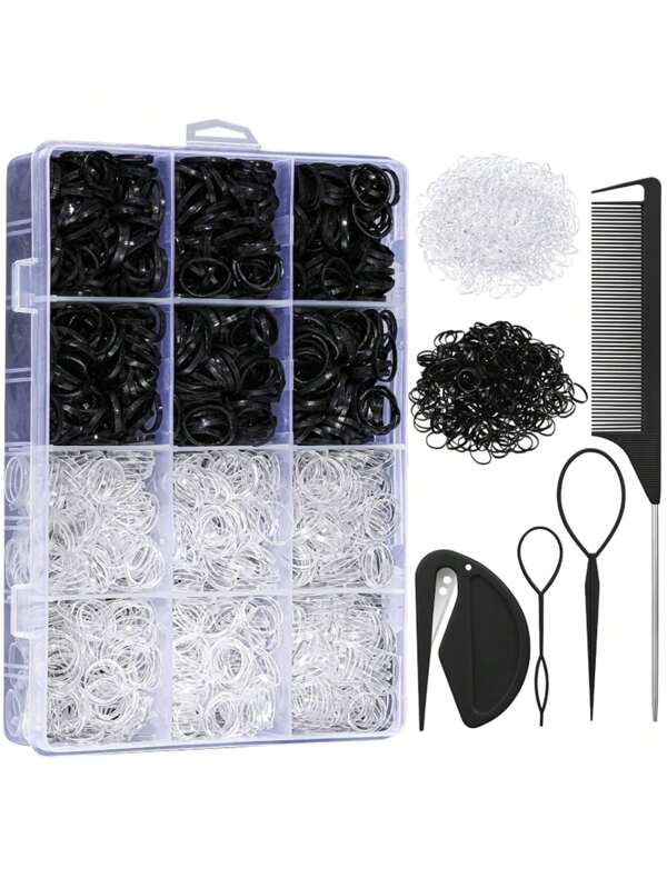2204 Pcs Elastic Hair Bands With Hair Loop Styling Tool Set, Clear Mini Hair Bands And Black Elastic Hair Ties With Rubber Band Cutter Organizer Box Hair Accessories For Toddler Baby Girl