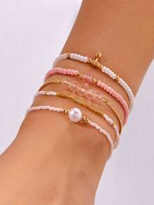 5 件套手工波西米亚风格串珠手链首饰套装，专为女孩设计，多层时尚节日配饰