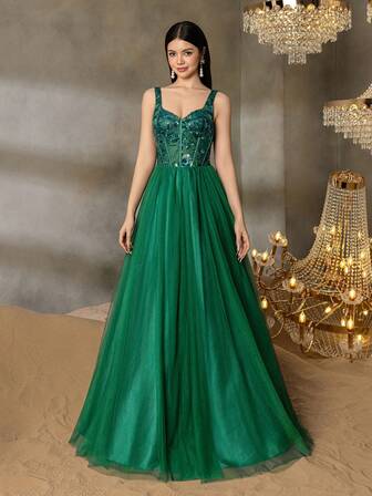 Alisa&Leo Blommig paljettklänning för tonårsflickor, hjärtformad halsringning och skir tyllkjol - Klänning för baler, juniorbrudtärnor och ungdomliga formella evenemang